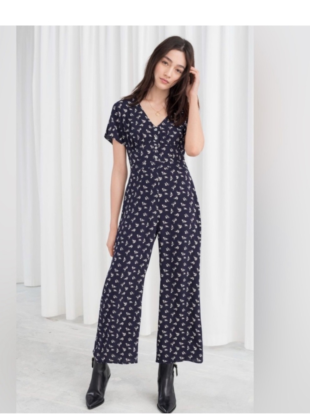 & Other Stories Navy Floral V-Neck Wide-Leg Jumpsuit with White Print